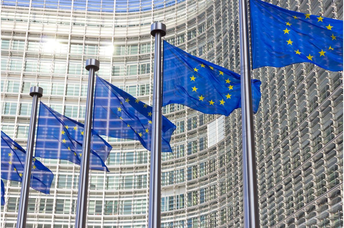 A line of EU flags in front of a building